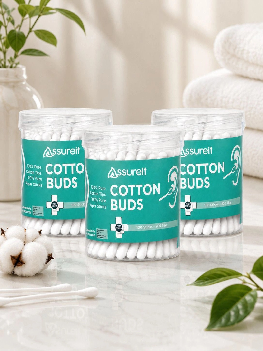 Assure Set Of 3 Premium Cotton Ear Buds For Beauty & Hygiene - 100 Buds Each