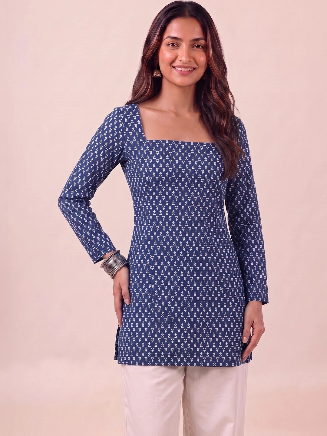 Rangrooh Ethnic Motifs Printed Square Neck Pure Cotton Kurti