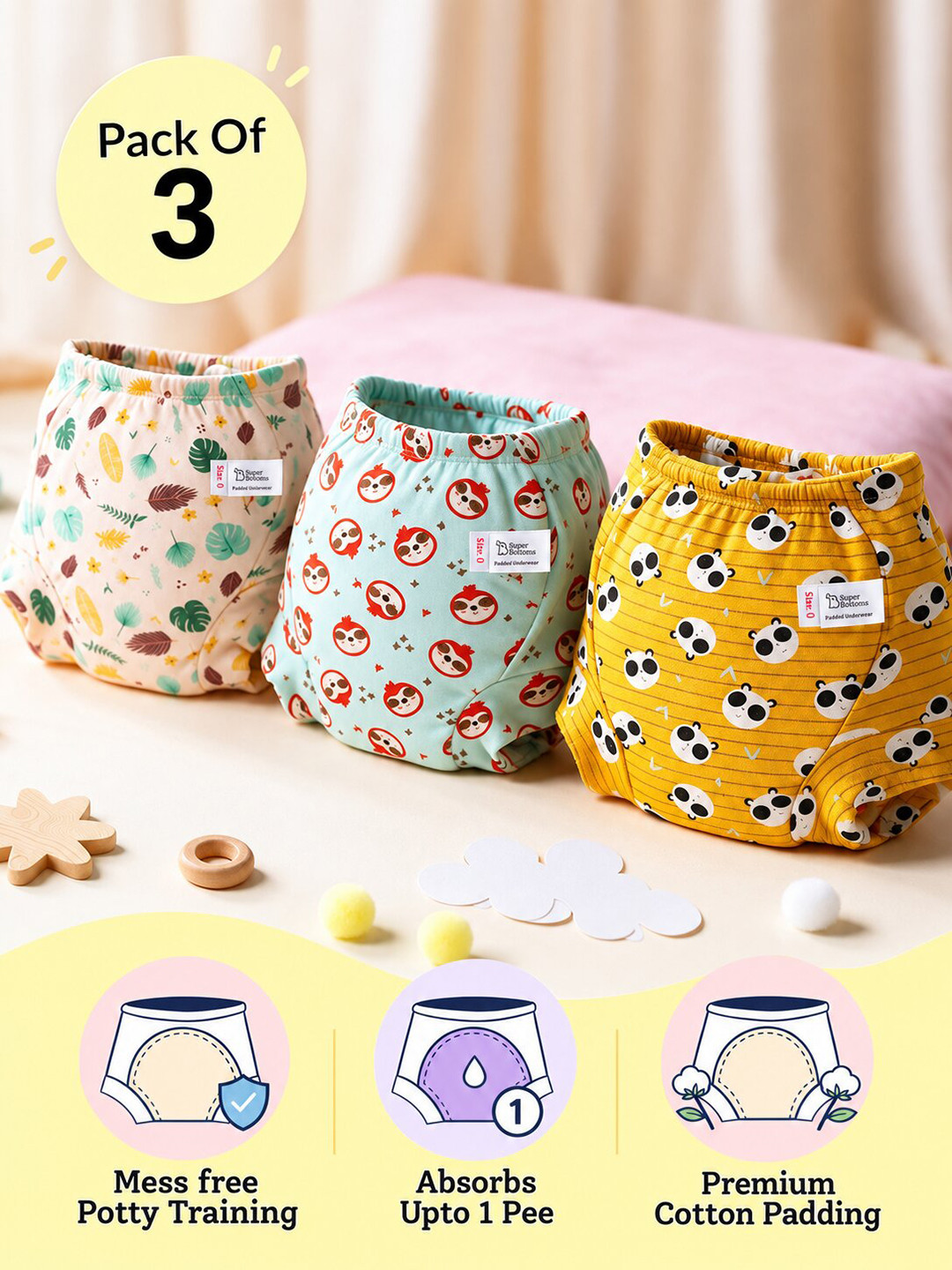 SuperBottoms Unisex 3 Layers Cotton Premium Padded Underwear For Potty Training 3 Pack
