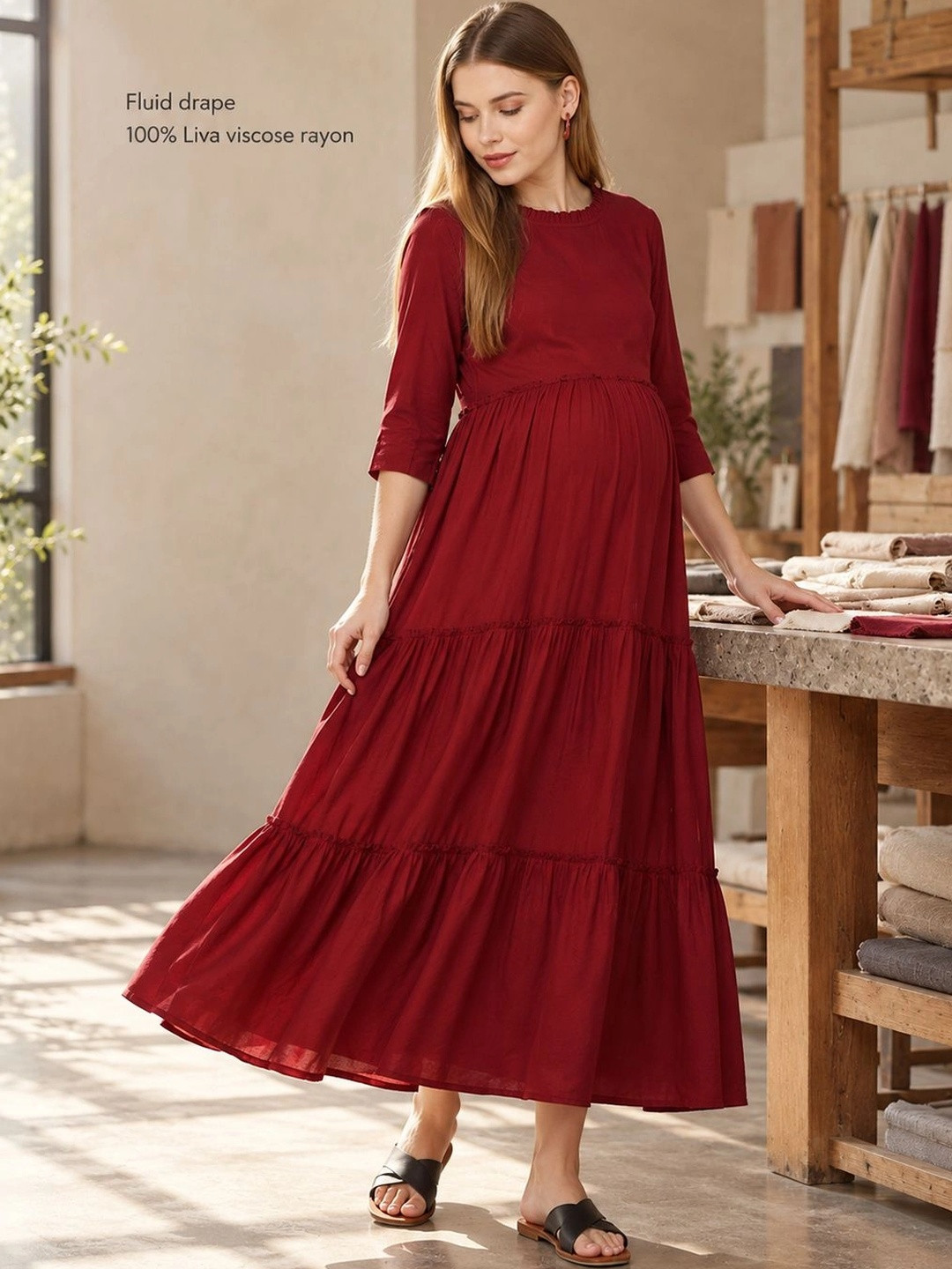 MomToBe Women Maroon Solid Maternity Nursing Maxi Dress