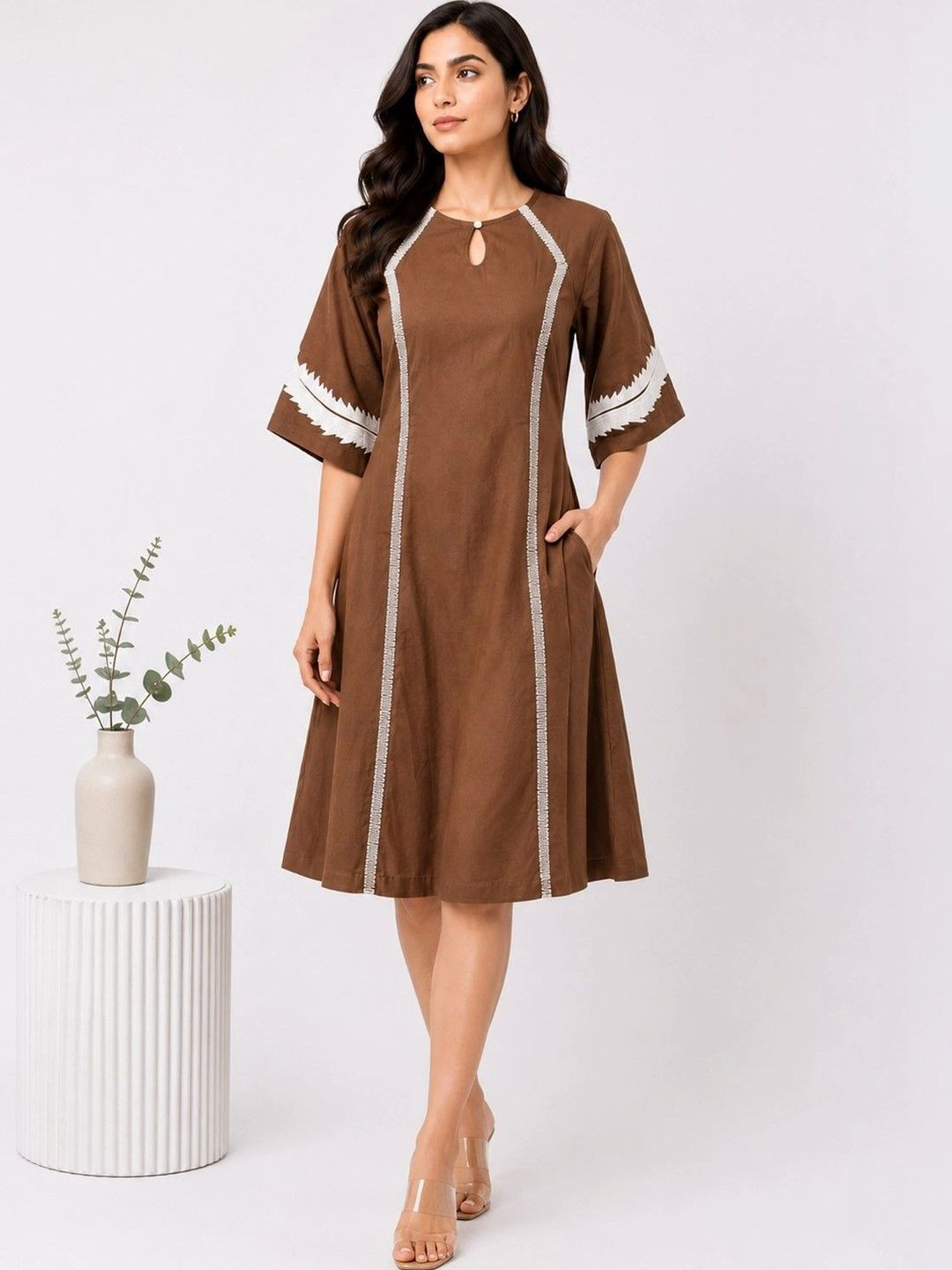 NATICA Ethnic Motifs Embroidered Keyhole Neck A-Line Dress