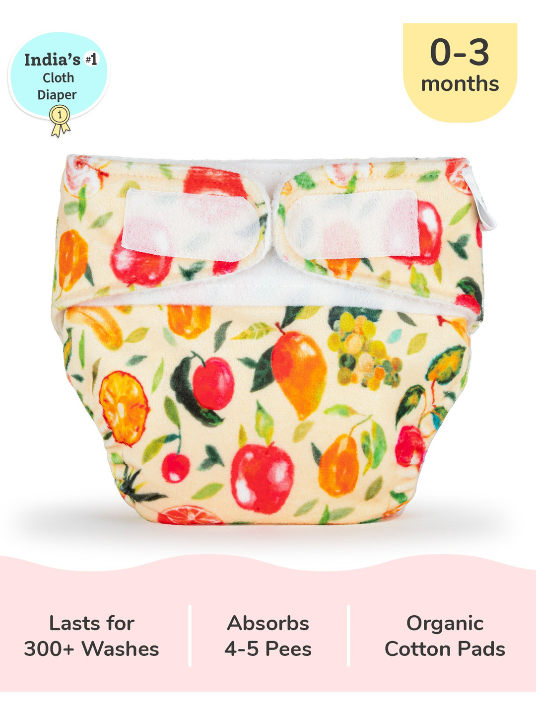 SuperBottoms Newborn UNO Fruit Burst Sustainable Cloth Diaper with 1 Dry Feel Pad
