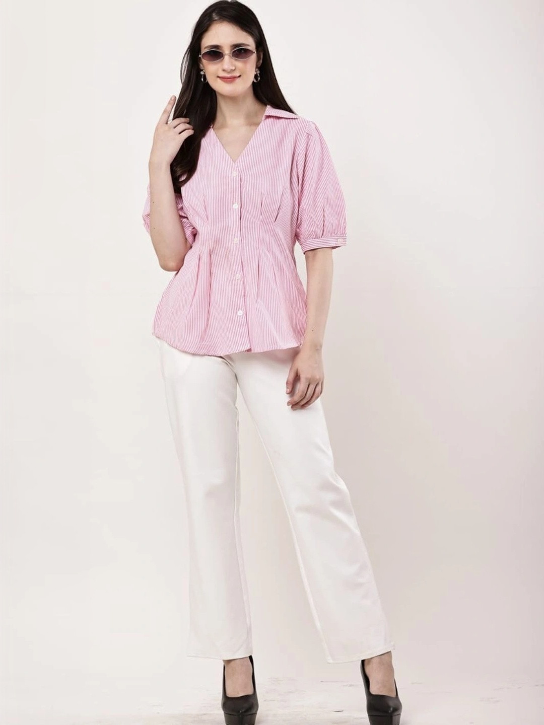 Jivitha Women Pink Cotton Puff Sleeves Stripe Shirt