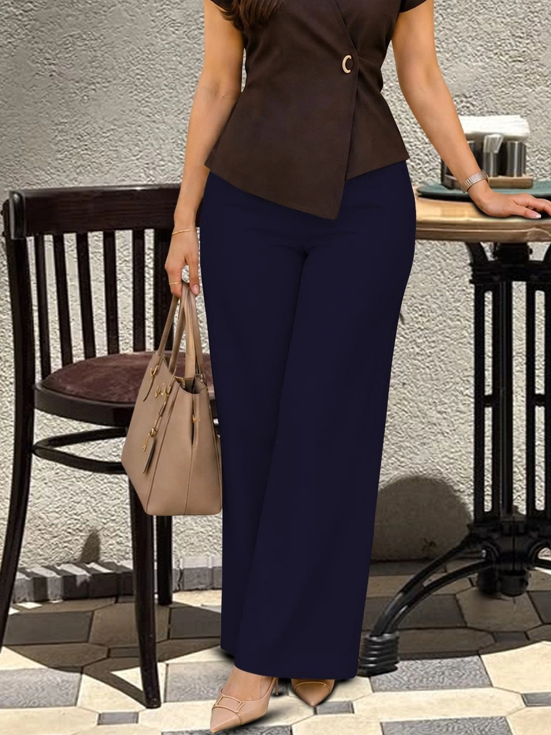 CILIMILI Women Relaxed Straight Leg High-Rise Easy Wash Trousers