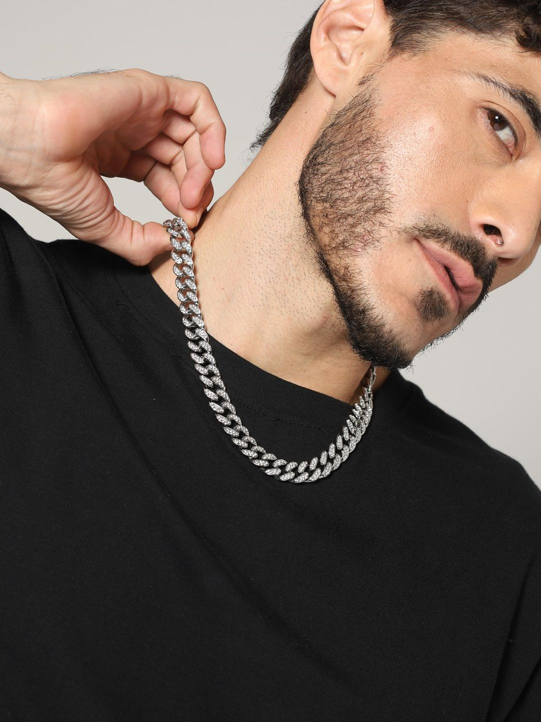 Jewelor Men's Silver-Plated Stainless Steel CZ Studded Cuban Chain
