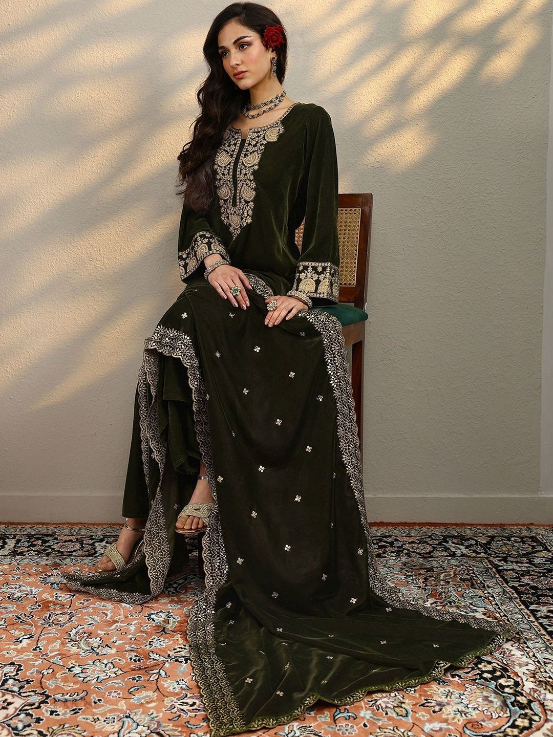 Libas Ethnic Motifs Embroidered Thread Work Straight Velvet Kurta With Palazzos & Dupatta