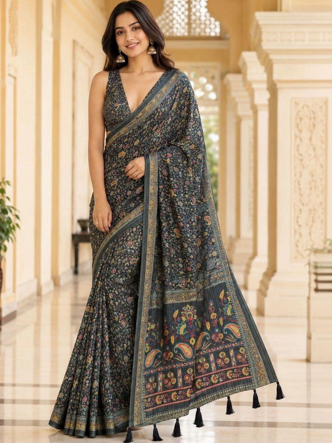 Aadatein Black Kanjivaram Silk Printed Saree With Blouse Piece For Women