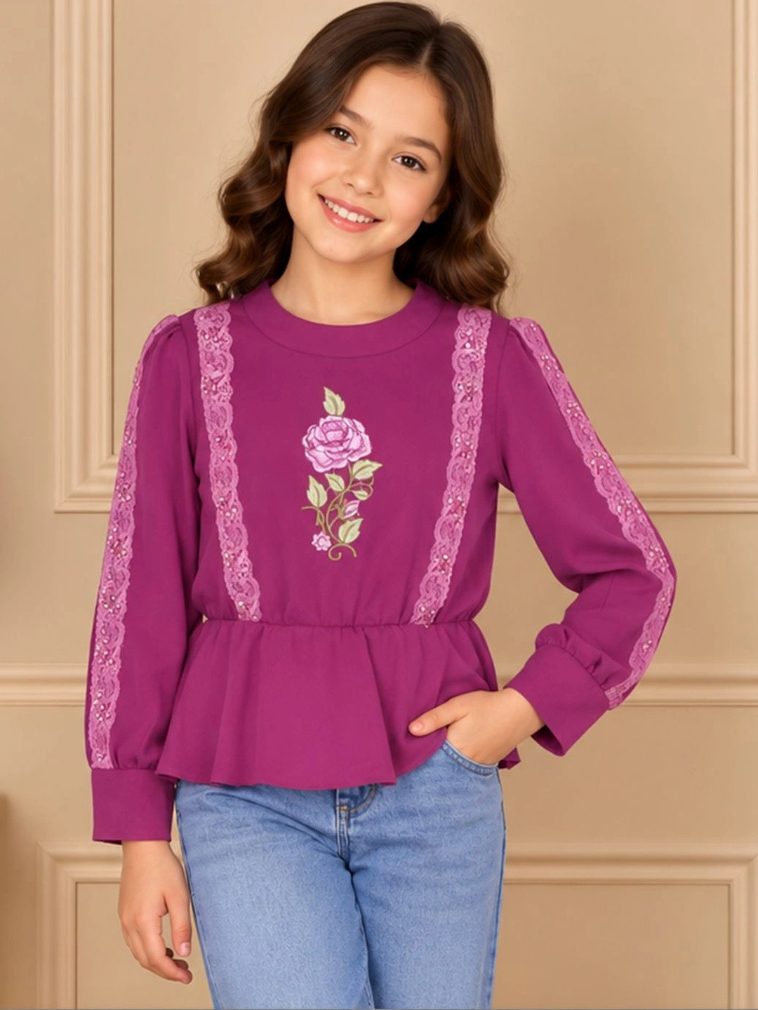 CUTECUMBER Girls Floral Embroidered High Neck Cuffed Sleeve Top