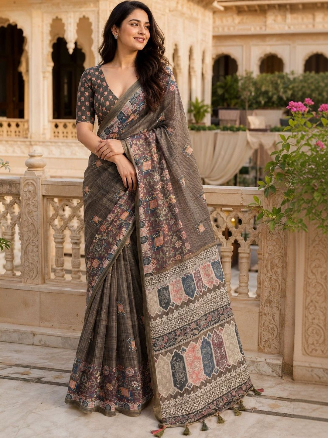 Aadatein Grey Kanjivaram Silk Floral Printed Saree For Women