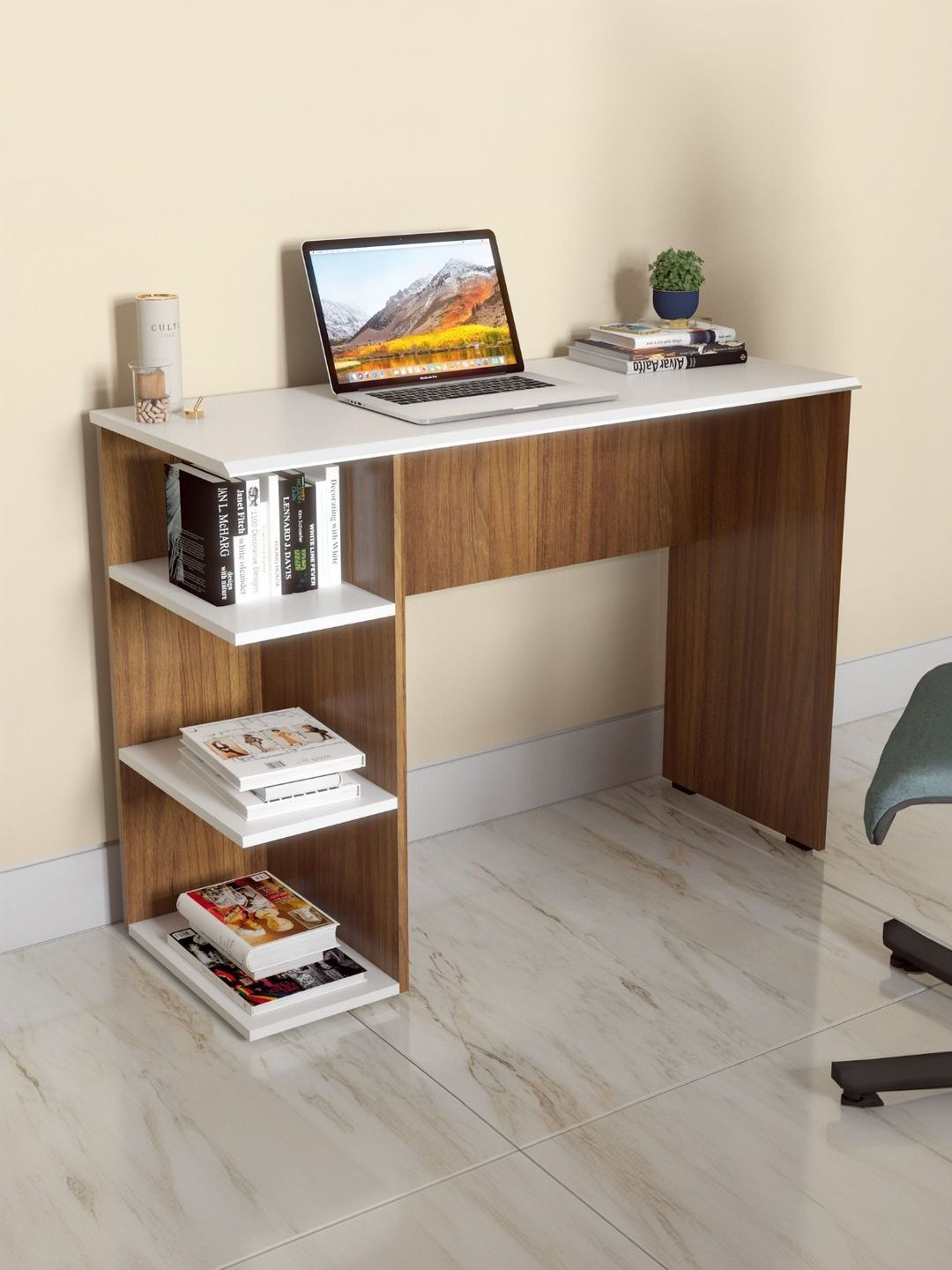 neuspace Brown & White Engineered Wood Study Table with 3 Tier Open Bookshelf