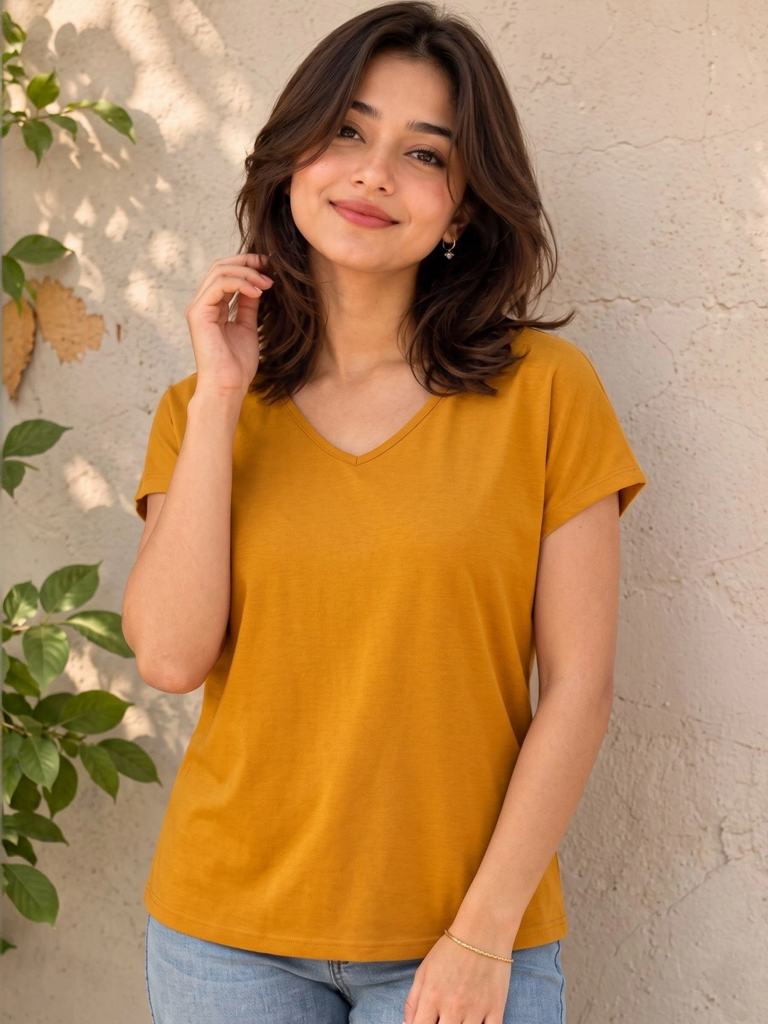 FABRICORN Women Solid V-Neck Cotton Top