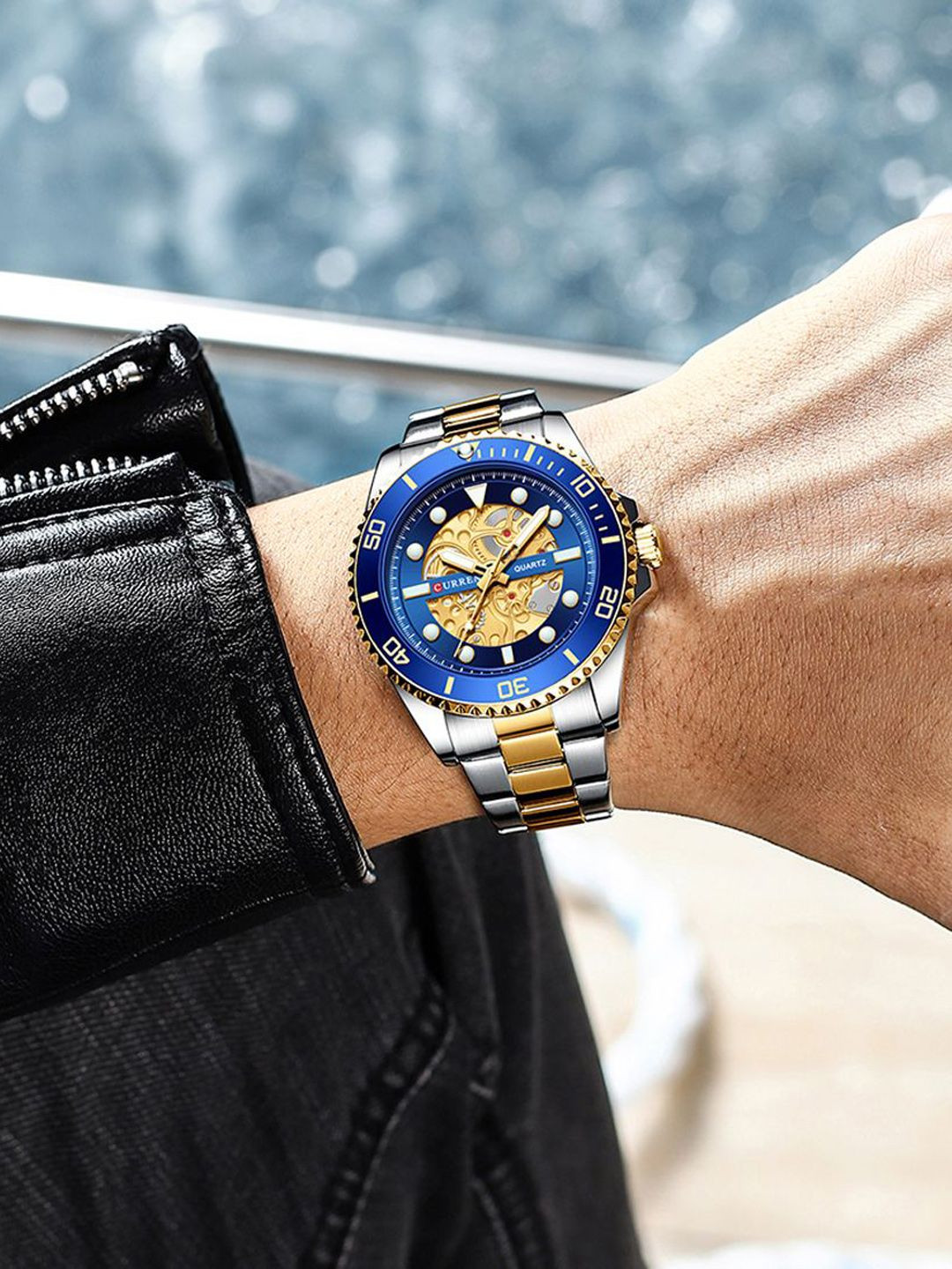 Curren Men Brass Dial & Stainless Steel Wrap Around Straps Analogue Watch CR-8412-TT-Blue