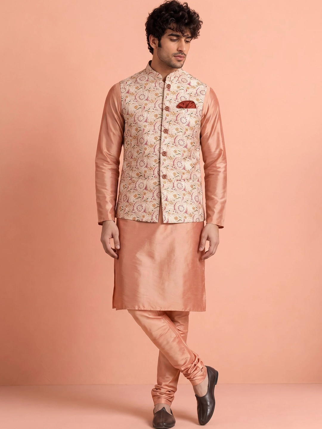KISAH Men Kantha Printed Regular Fit Kurta Jacket Churidar Set