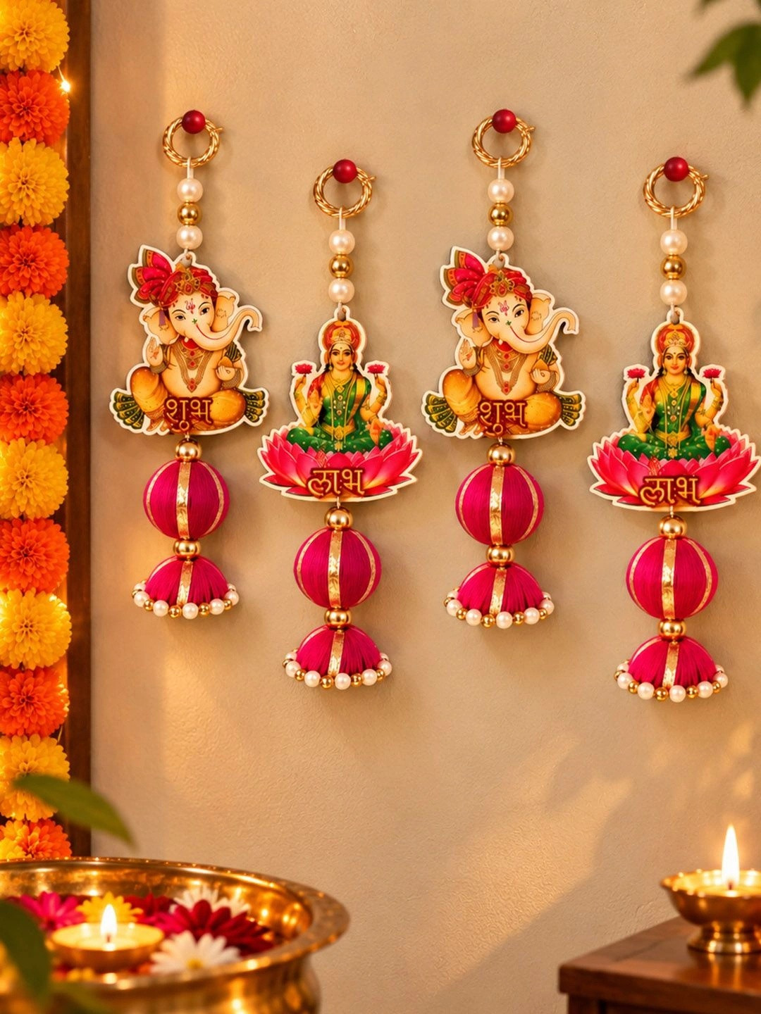 TIED RIBBONS Shubh Labh Plastic Ethnic Motifs Matte Hall 4Pcs Spiritual Wall Decor-8.9In