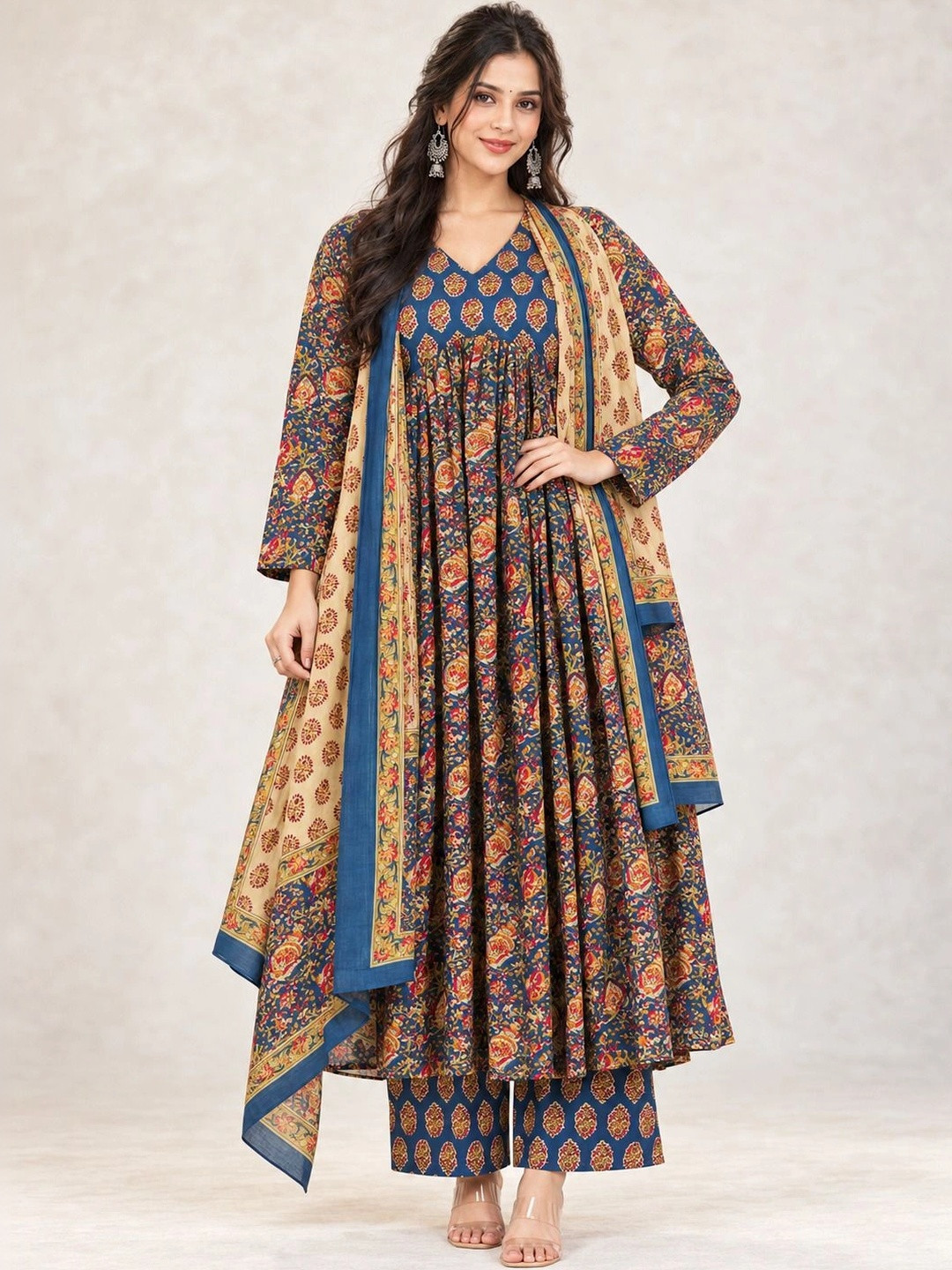 HERE&NOW Women Ethnic Motifs Printed Panelled Pure Cotton Kurta with Palazzos & With Dupatta