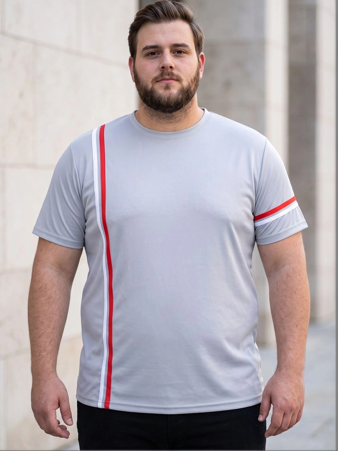 bigbanana Men Dri Fit Grey Tshirts Striped Short Sleeves T-shirt