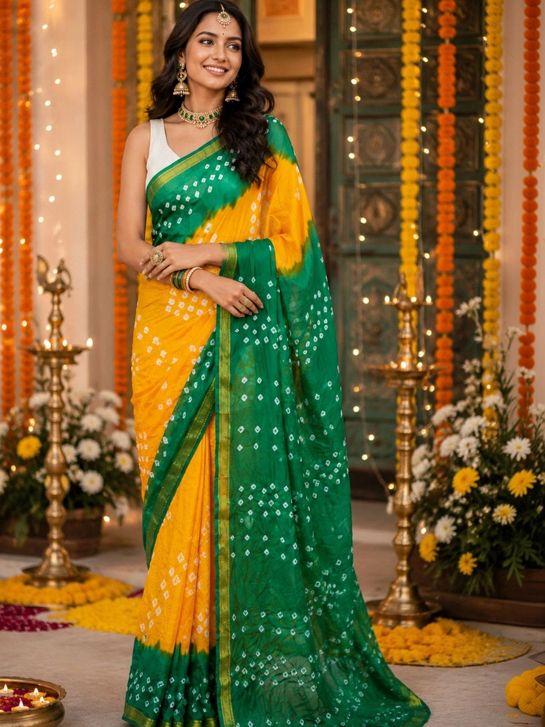 sutra attire Tie and Dye Zari Art Silk Bandhani Saree