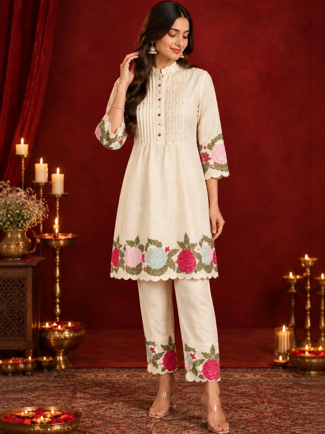 Women's Cream Solid Pure Cotton Co-Ord Set