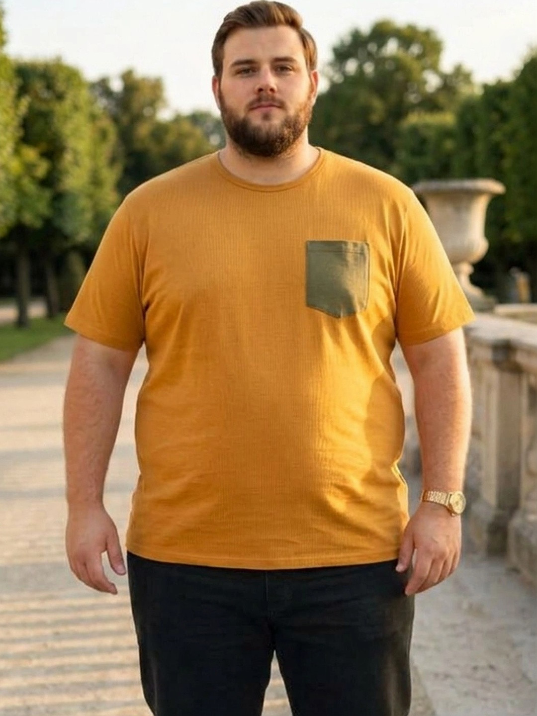 bigbanana Plus Size Men Mustard Yellow Solid Round Neck Bio Finish Pure Cotton T-shirt