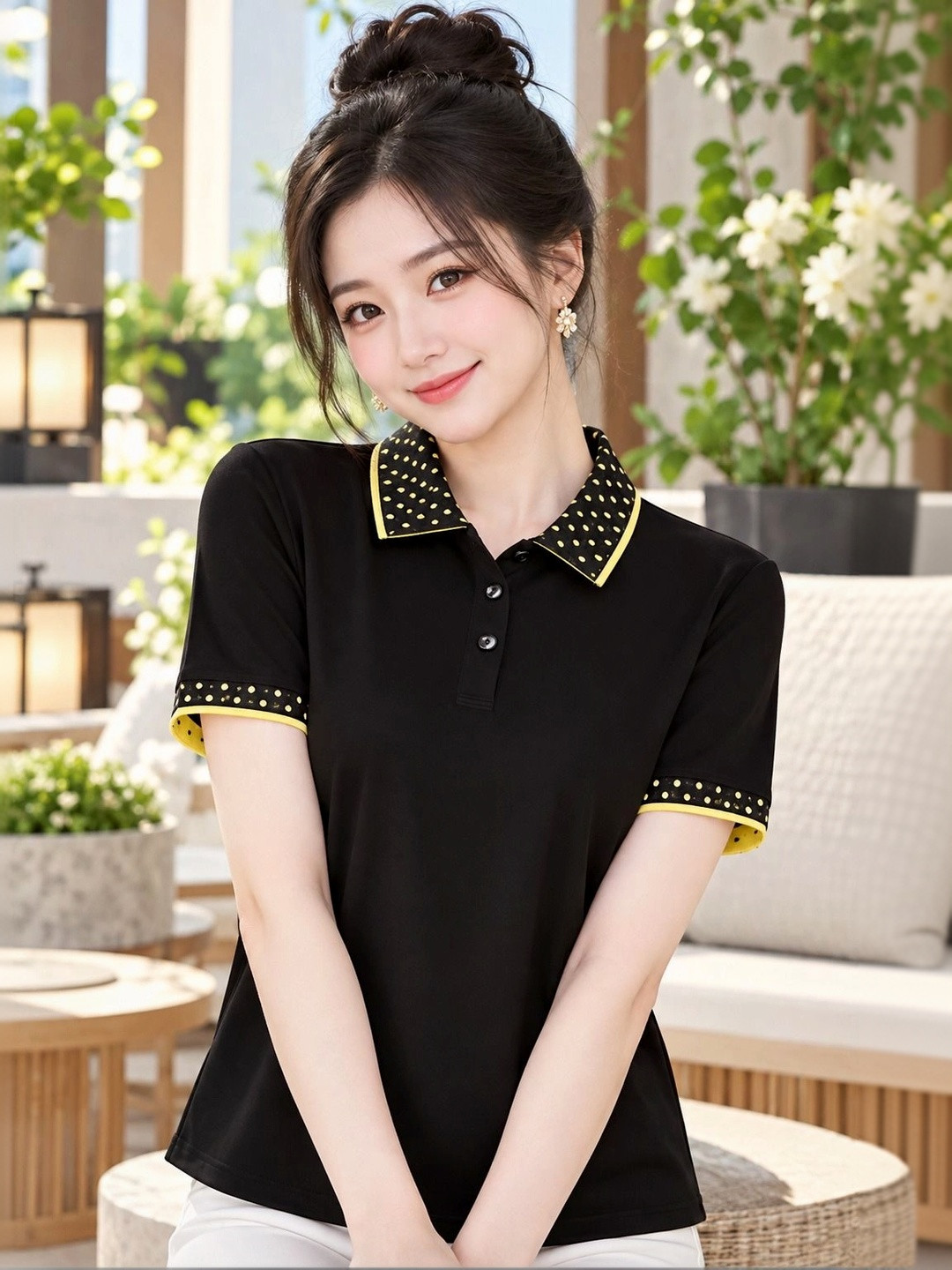 Mast & Harbour Women Polka Dot Printed Polo Collar T-shirt