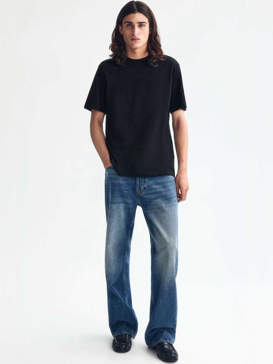 HM Men Black Solid Cotton Pure Cotton T-shirt Regular Fit