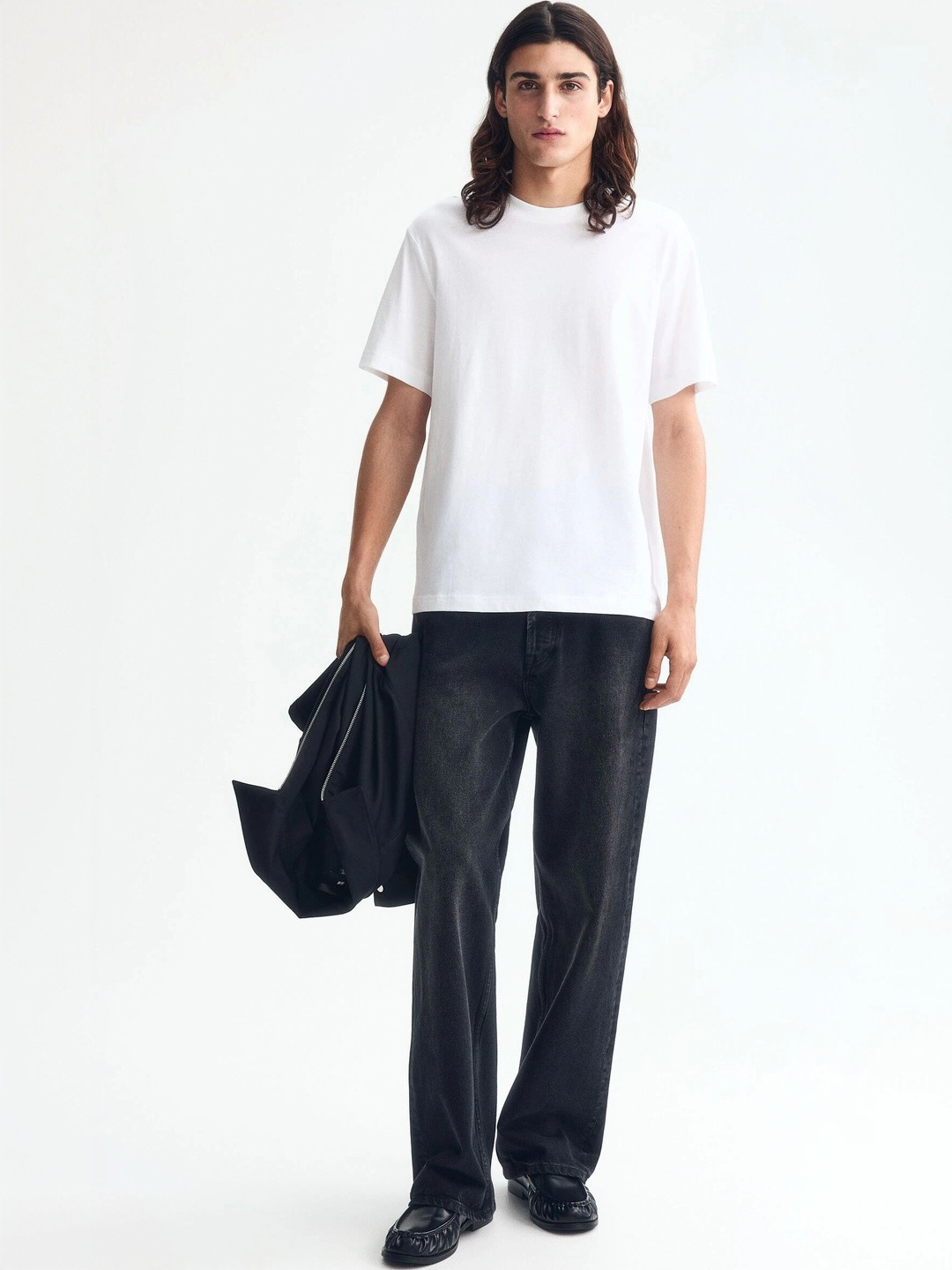 HM Men White Solid Cotton Pure Cotton T-shirt Regular Fit