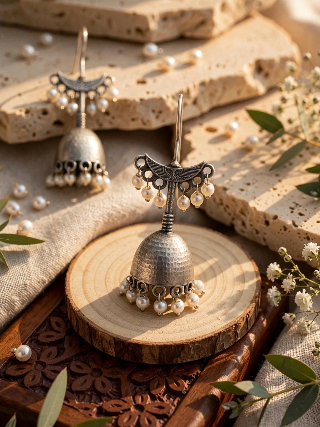 MOHATI Women Bell Shapes Silver Plated Pearl Jhumkas