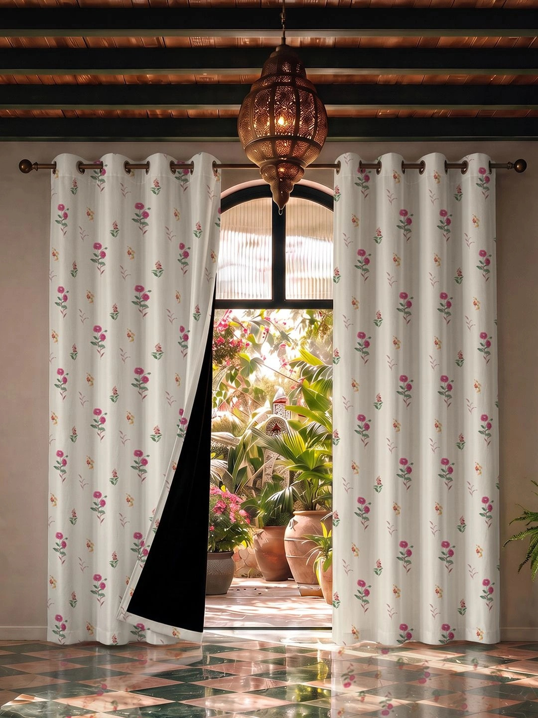 URBAN SPACE Set of 2 White & Pink Floral Printed Room Darkening Long Door Curtains