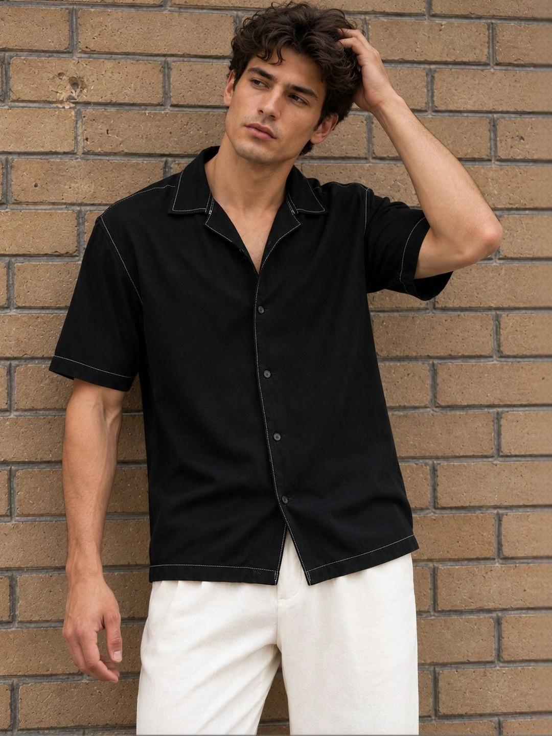 Eszett Spread Collar Short Sleeves Pure Cotton Shirt