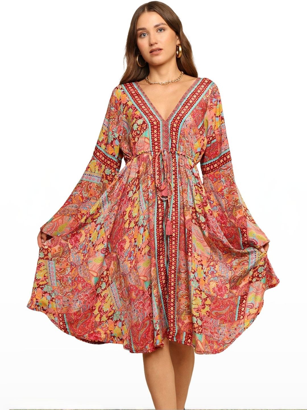 GALE GIRLS Women Ethnic Motif Printed Lace-Up Bell Sleeve Fit & Flare Dress