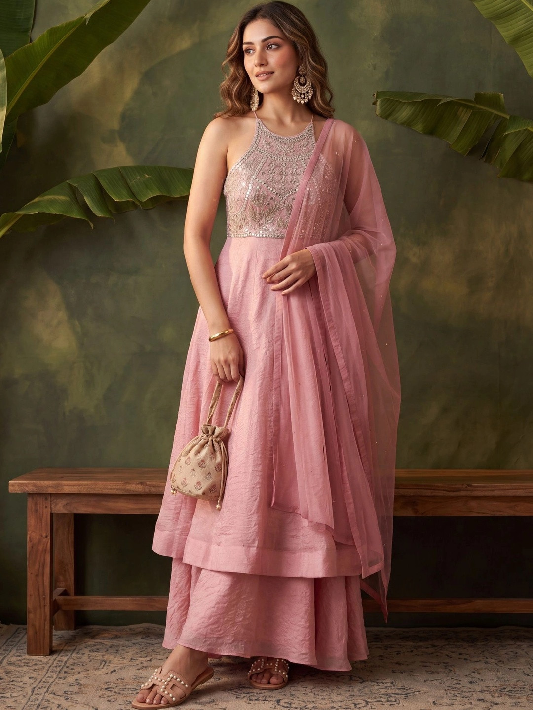 Koskii Women Embroidered Tiered Mirror Work Kurta Set - Image 1