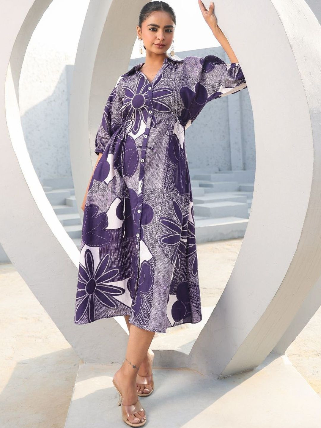 NILIMA CREATIONS Women Purple Floral Printed Shirt collar Cotton Midi Dress