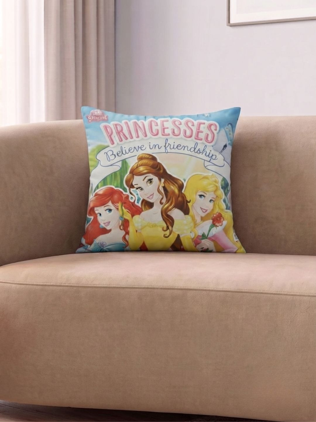 Disney Pink & Yellow Disney Princess Printed Square Cushion Cover
