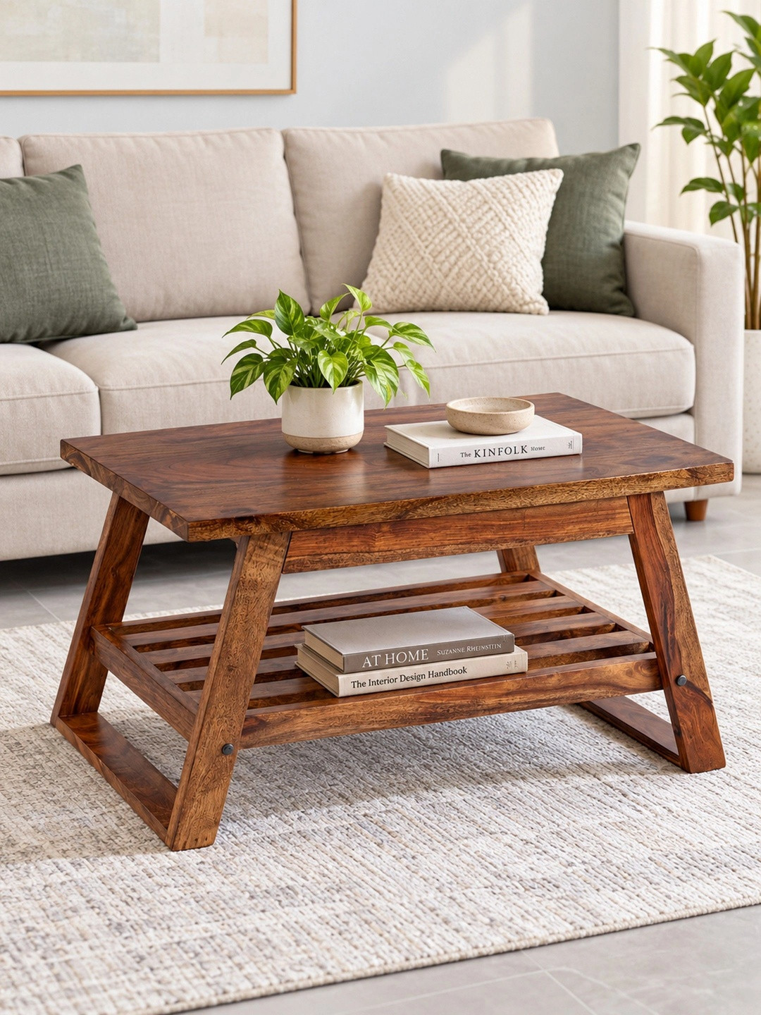Ikiriya Alison Sheesham Wood Accent Rectangle Coffee Table in Teak Finish