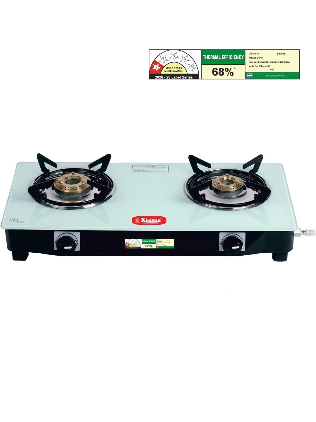 Khaitan Black & White Glass 2 Burners Manual LPG Gas Stove