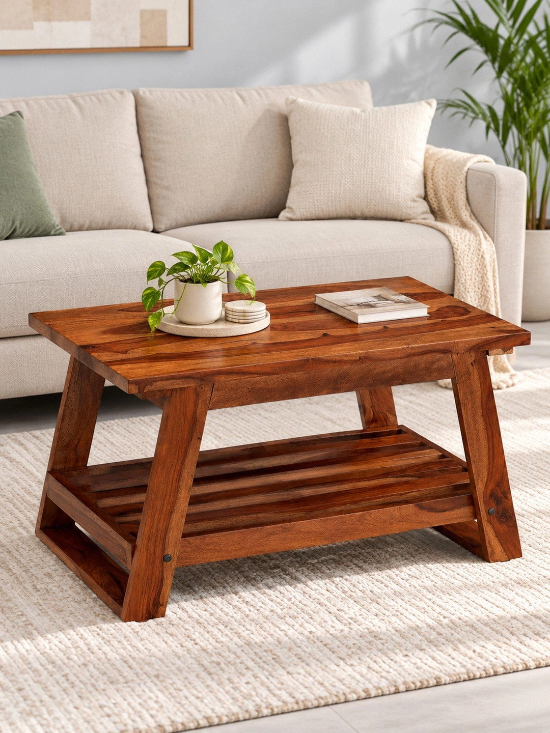 Ikiriya Alison Sheesham Wood Accent Rectangle Coffee Table in Natural Teak Finish