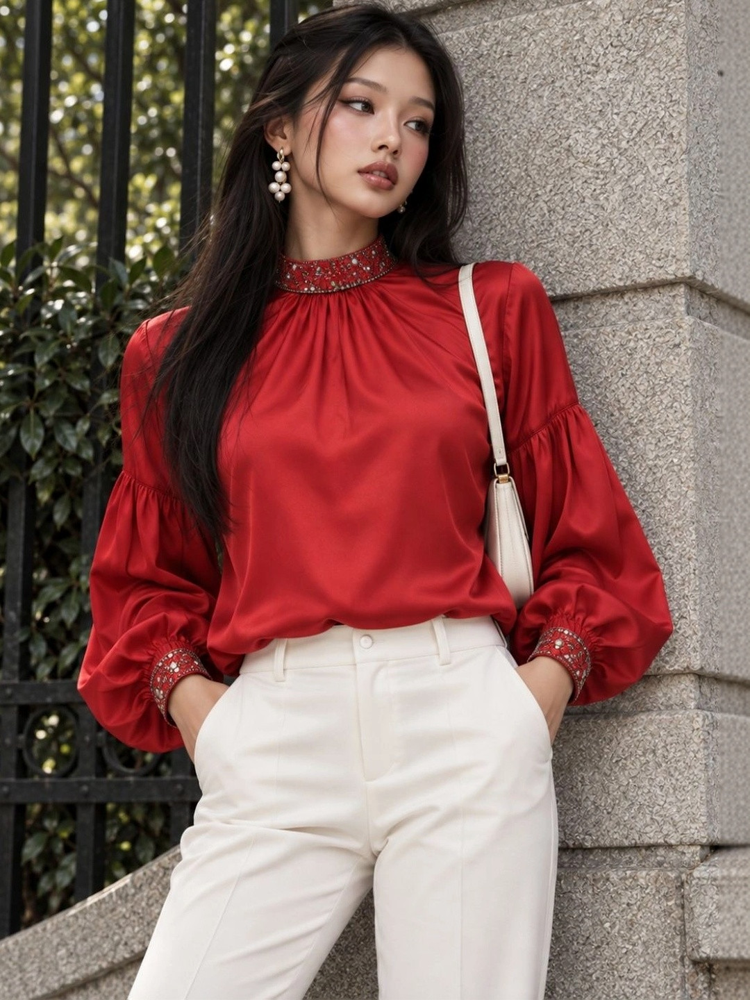 STREET 9 Jewel neck Puffed Sleeves Satin Top