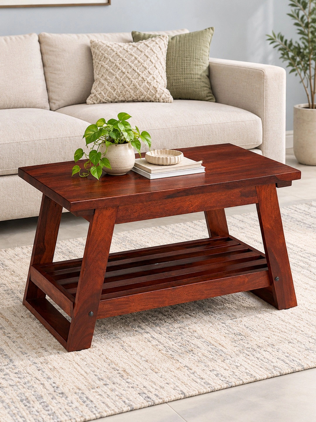 Ikiriya Alison Sheesham Wood Accent Rectangle Coffee Table in Honey Finish
