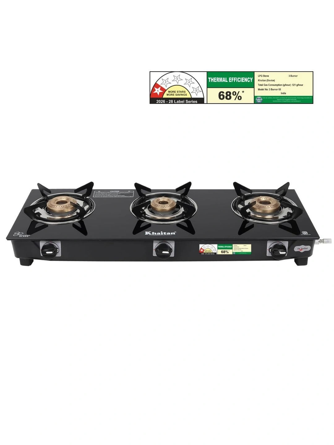 Khaitan Black Toughened Glass 3 Burner Manual Gas Stove