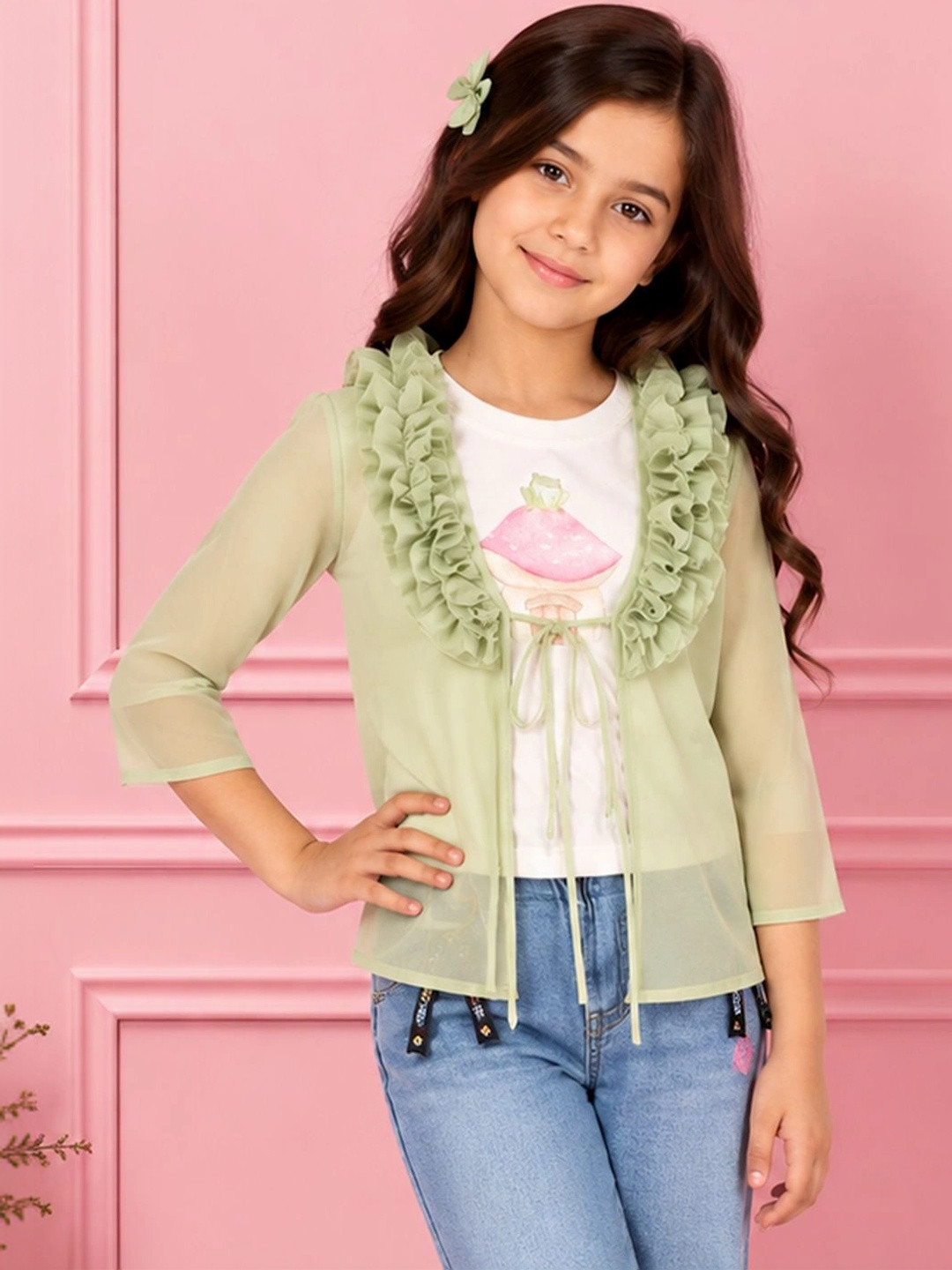 CUTECUMBER Girls Floral Printed Ruffles Regular Top With Jacket