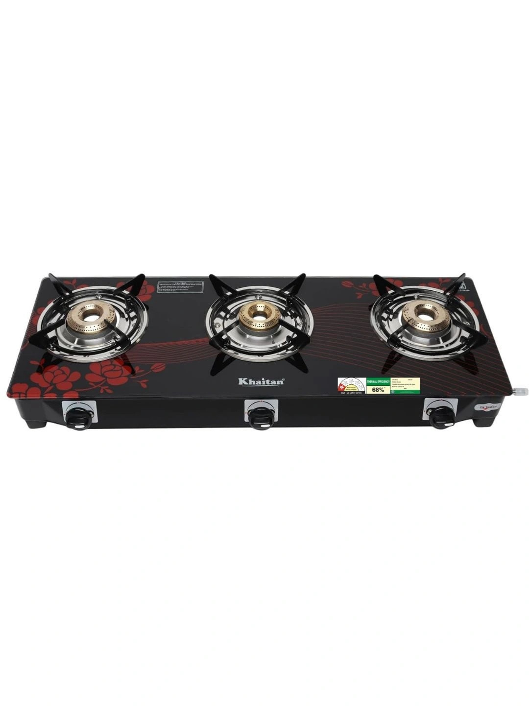 Khaitan Black & Red Digital Printed Toughened Glass 3 Burners Manual Gas Stove