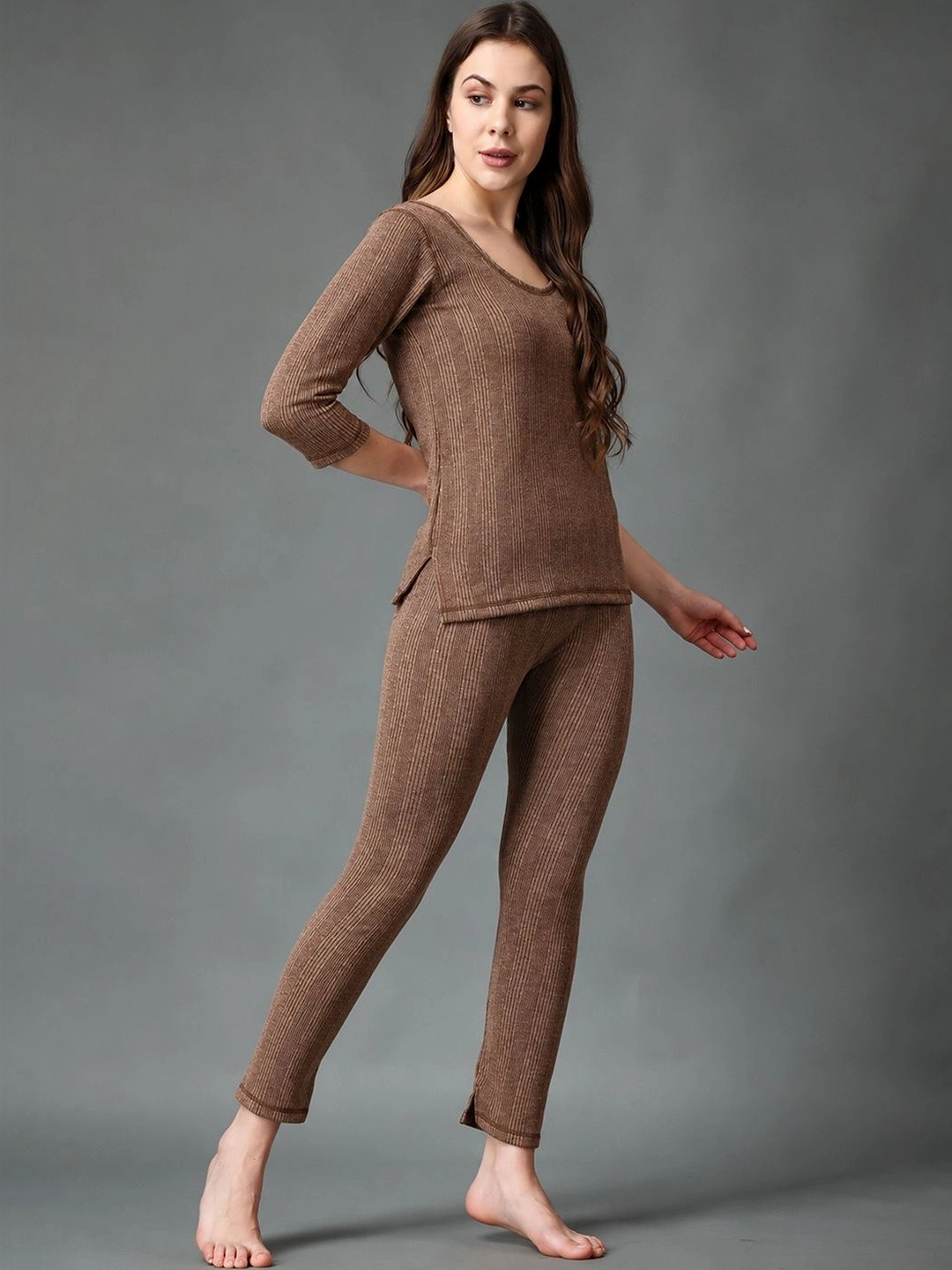 FF Women Striped Round Neck Thermal Set
