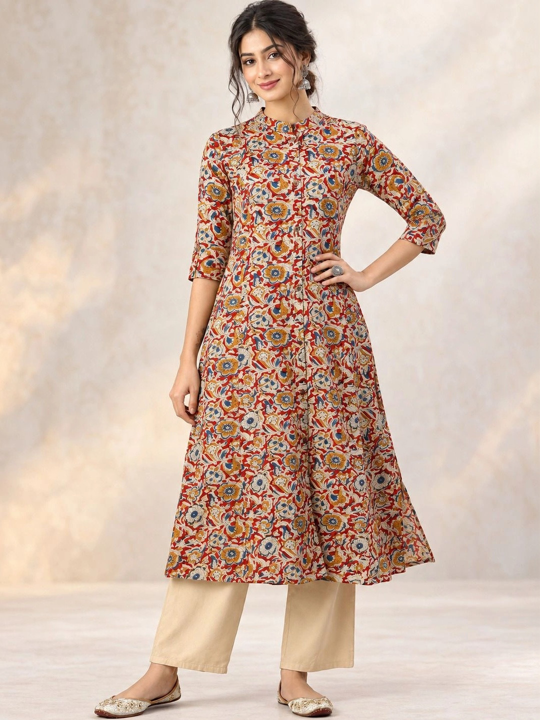 GULMEHAK Women Floral Printed Mandarin Collar A-Line Kurta