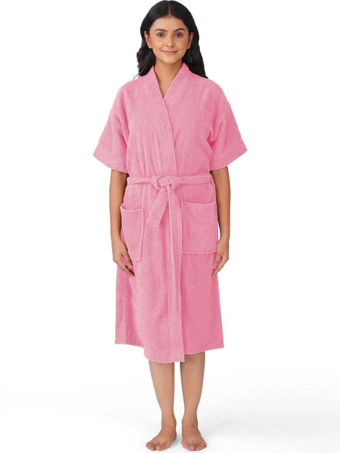 RANGOLI Noble, 400 GSM Pink Solid Cotton Drawstring Knee Length Bath Robe-XL