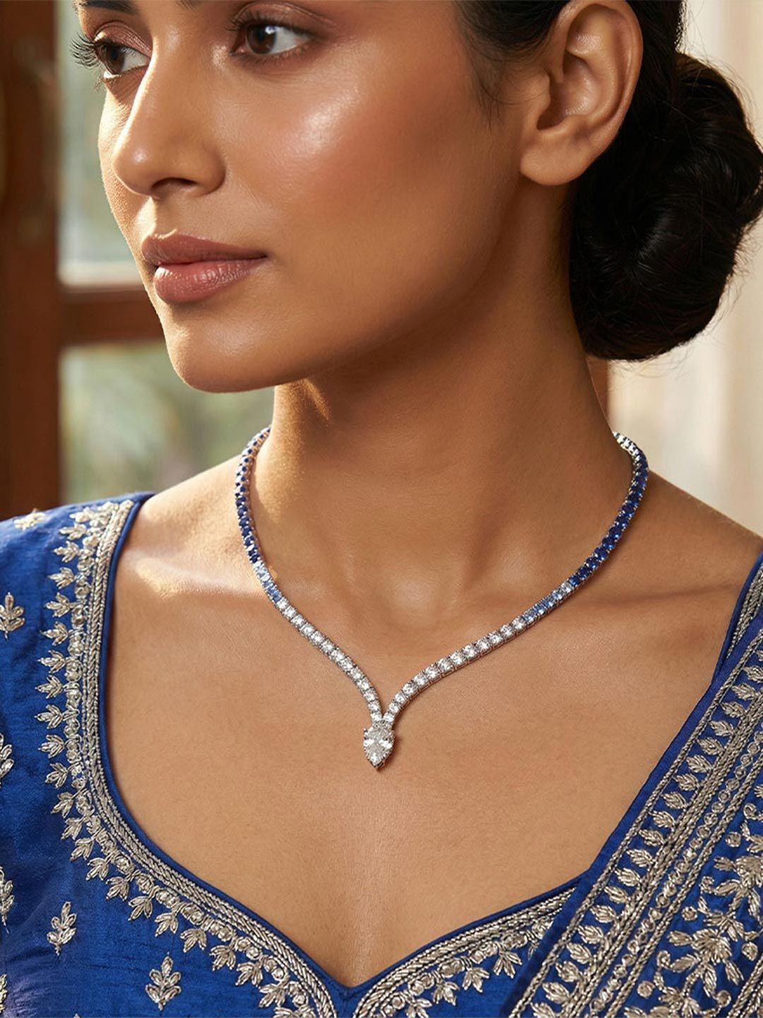 Amalfa Women Silver-Plated Blue Sapphire Diamond V-Curve Necklace