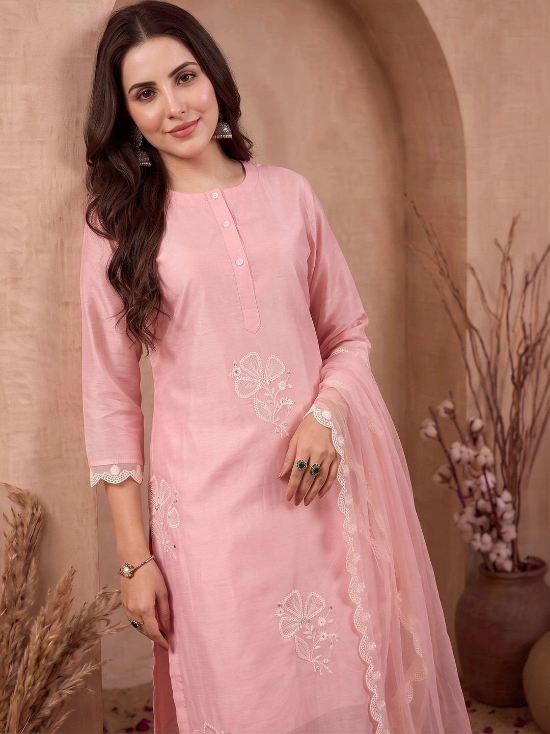 FABIAN FASHION Floral Embroidered Chanderi Cotton Kurta With Trouser And Dupatta