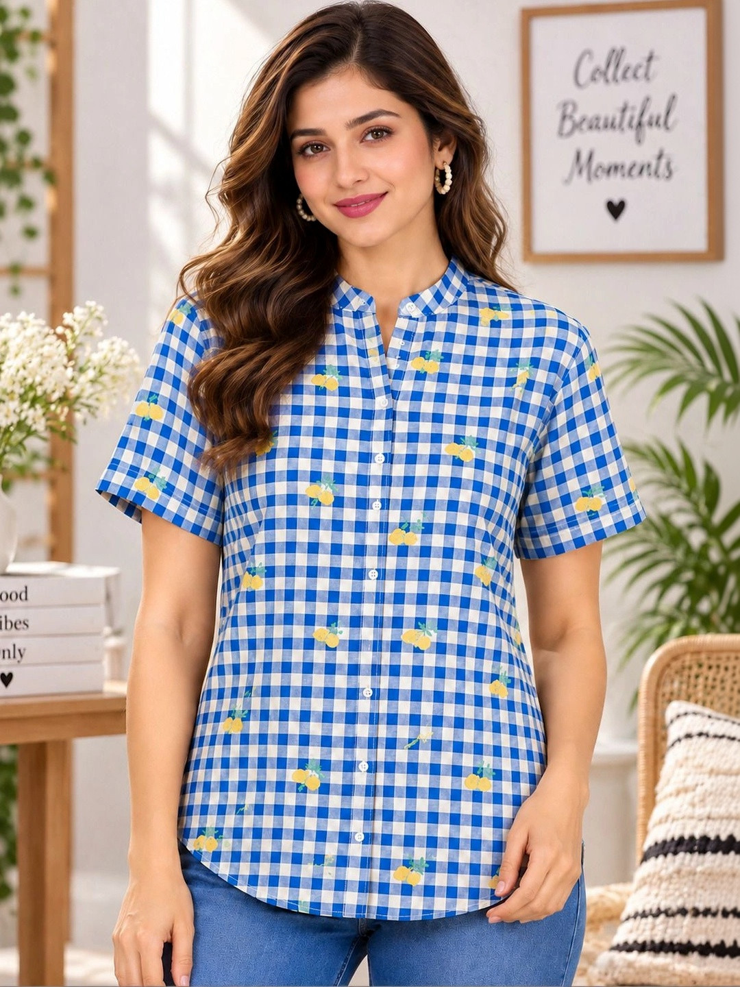 Rashmi Shree Creation Print Mandarin Collar Cotton Blend Top