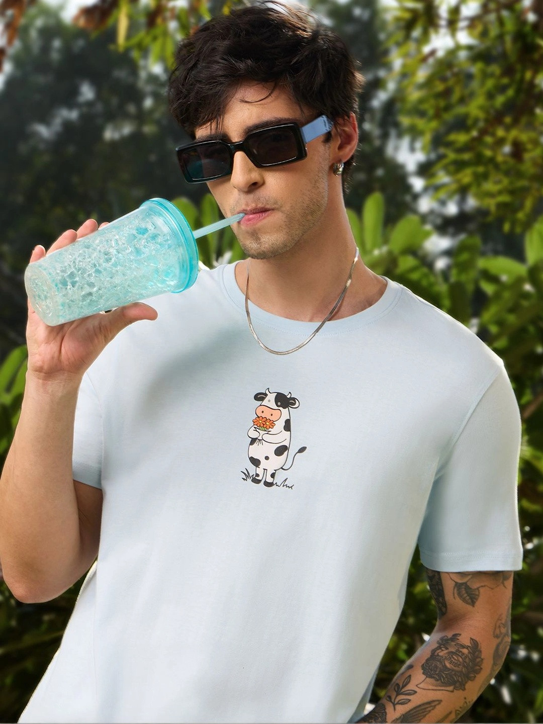 The Souled Store Men Relaxed Fit Puff Print Blue T-Shirts