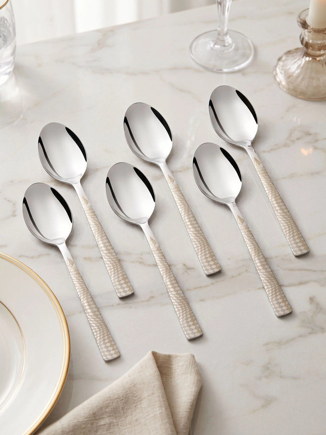 FNS Lush Silver-Toned 6 Pieces Stainless Steel Dessert Spoons