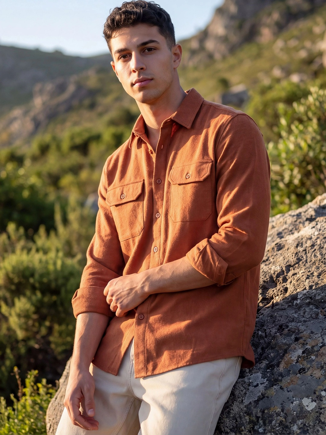Beyoung Men Spread Collar Flannel Shackets